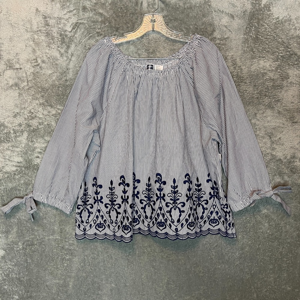Time Tru Women Embroidered Eyelet Blouse 2XL Classic Peasant Boho Chic Pinstripe